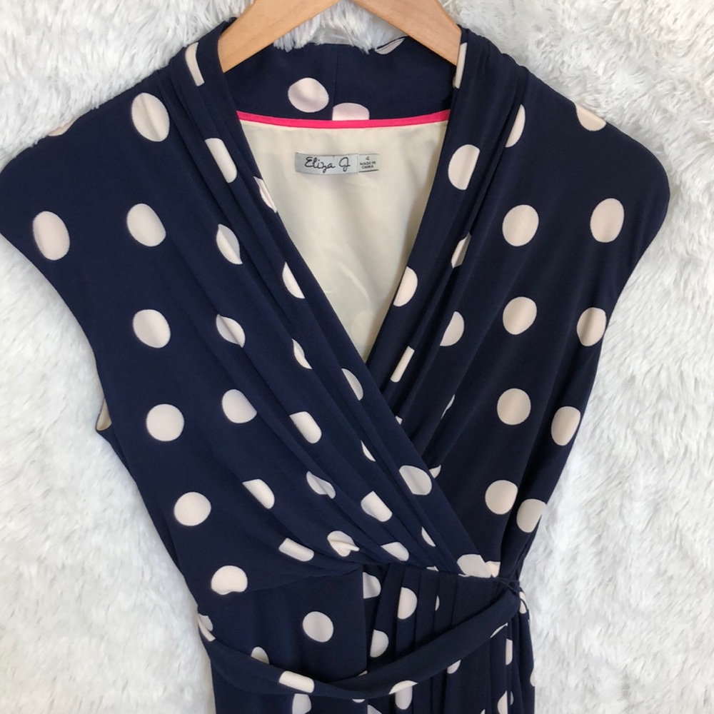 Eliza J Blue and White Polka Dot Faux Wrap Dress